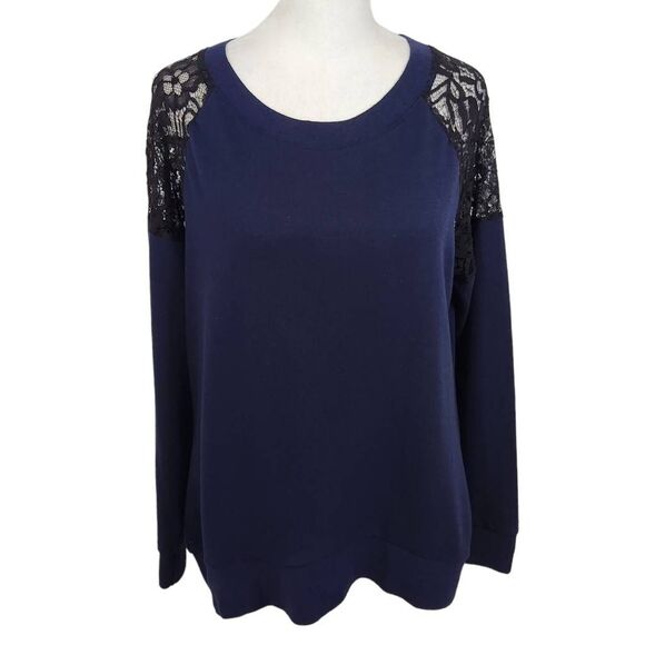 89th & Madison Navy Knit Top with Black Lace Accents Size Medium Navy Pullover - Picture 1 of 8